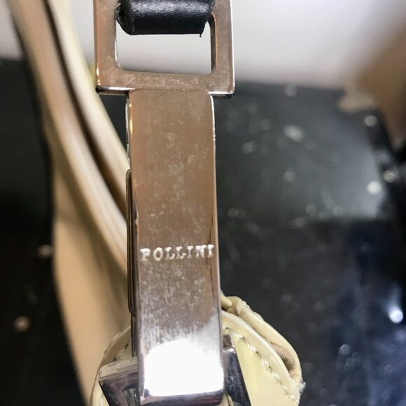 Pollini Leather Handbag Purse Made in Italy Cream with Black Handle Zipper - Picture 7 of 9